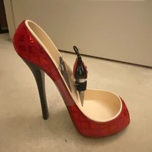 Wild Eye Design High Heel Wine Bottle Holder/Stopper Set Red Bling Glitter NWT